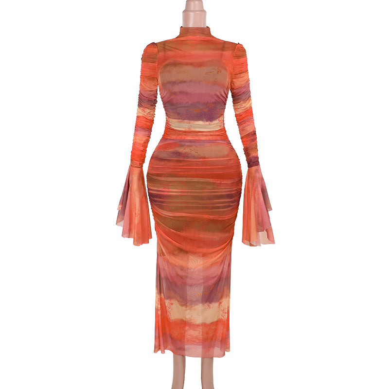 slim-fit pleated print dress women, view 6 - MRSLM
