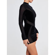 velvet long sleeve mini dress with mesh patchwork, view 7 - MRSLM