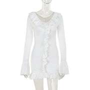 slim knit ruffled long sleeve dress, view 6 - MRSLM