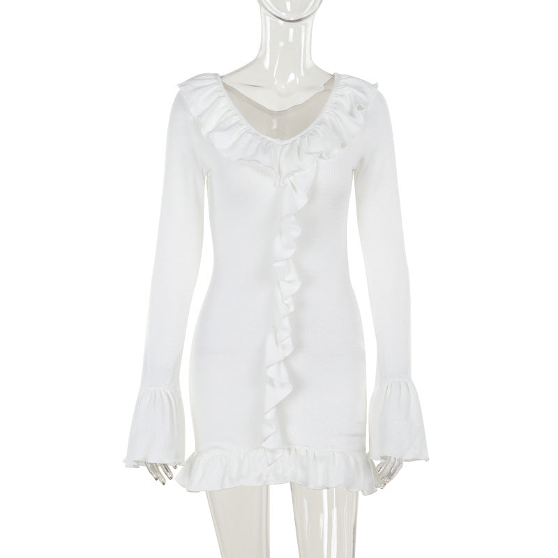 slim knit ruffled long sleeve dress, view 6 - MRSLM