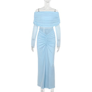 Off-shoulder mesh pleated dress, view 6 - MRSLM