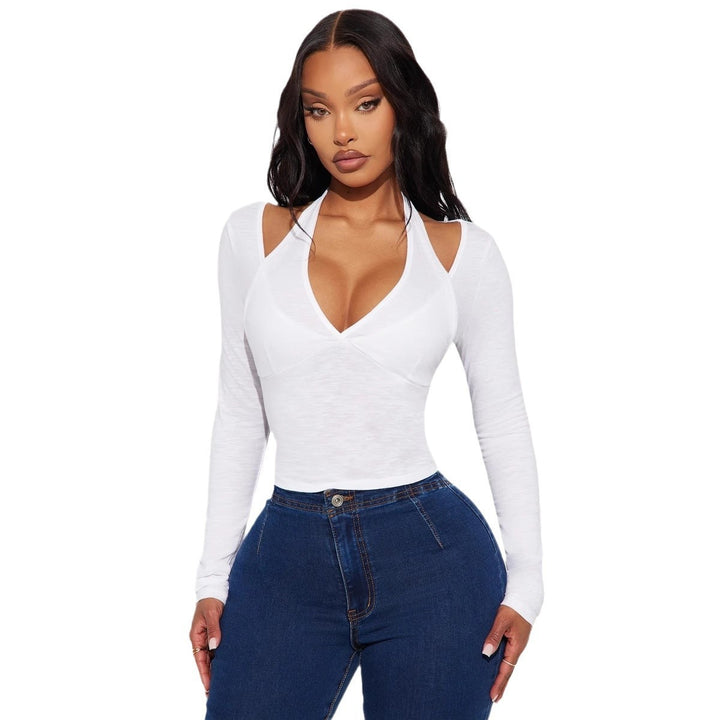 Women's Off-the-shoulder V-neck Fake Two-piece Top Slim Fit