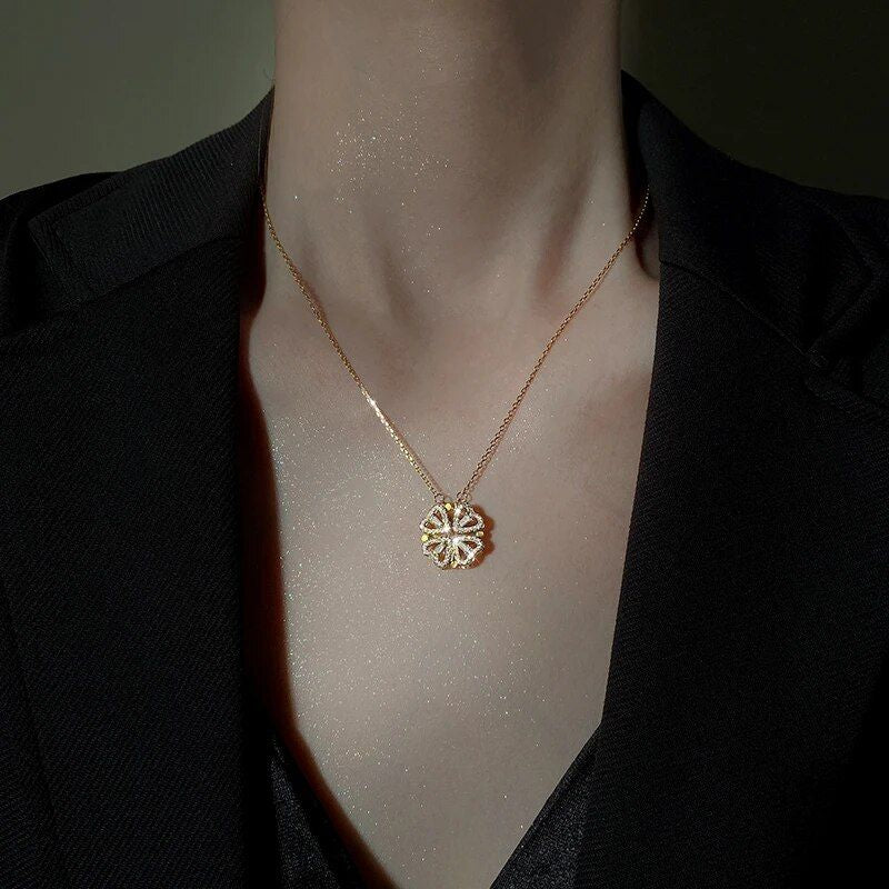 Heart-shaped crystal clover pendant necklace, view 6 - MRSLM