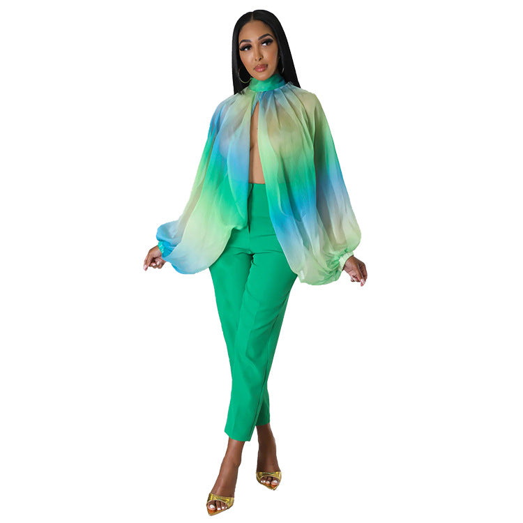 women's sheer chiffon printed long sleeve top, view 9 - MRSLM