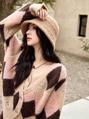 women's plaid v-neck cardigan sweater, view 4 - MRSLM