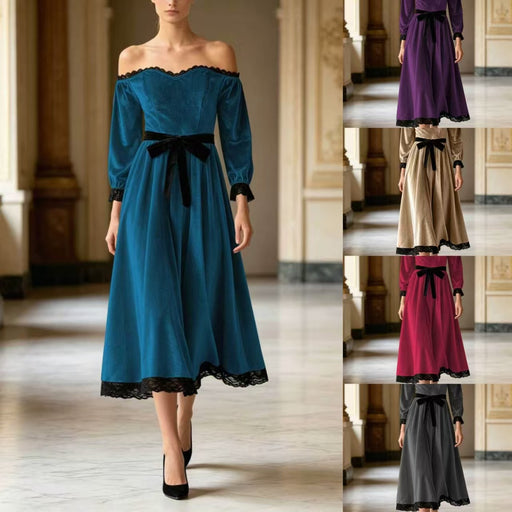 Off-shoulder velvet midi dress with lace trim and bow - MRSLM
