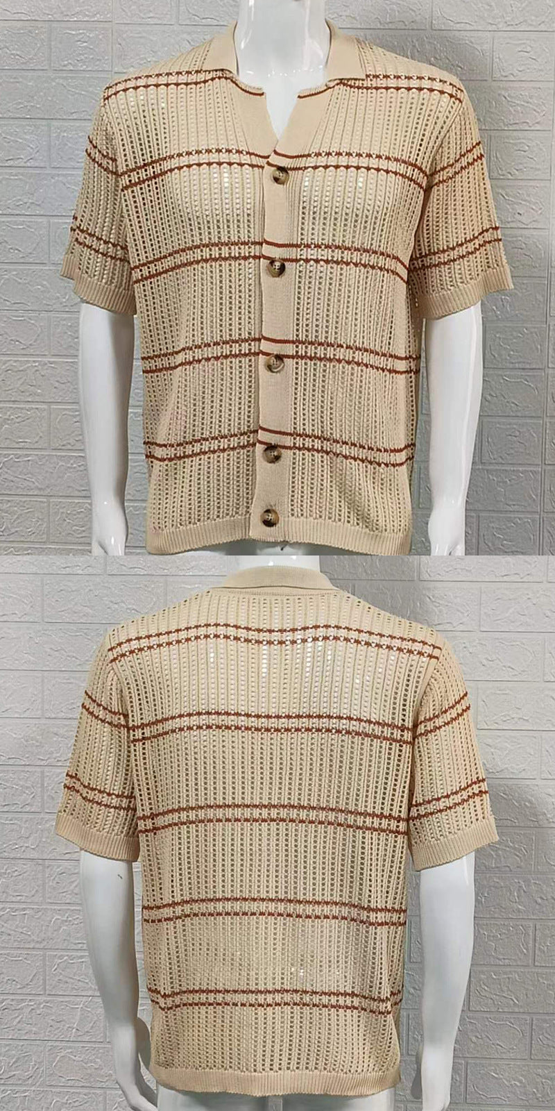 men's knitted lapel short sleeve hollow cardigan, view 7 - MRSLM
