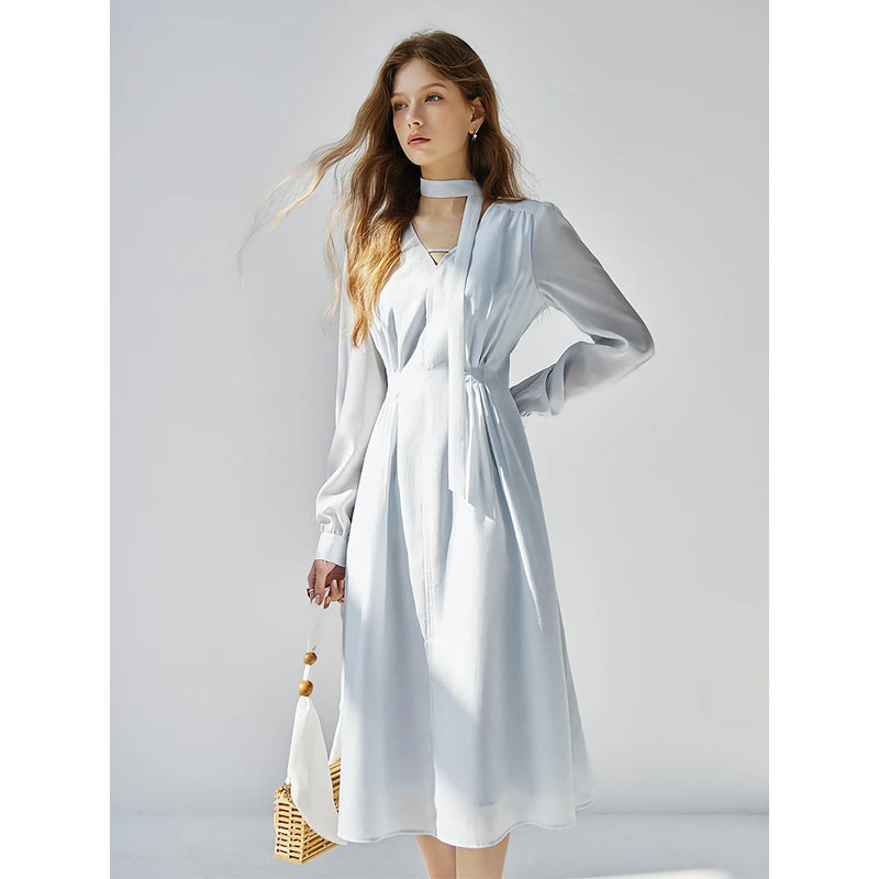 light blue v-neck ribbon dress, view 3 - MRSLM