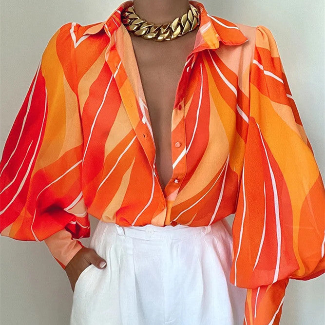 women's printed lantern sleeve summer shirt - MRSLM
