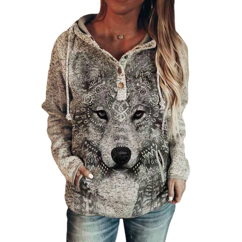women's animal wolf print hoodie, view 4 - MRSLM