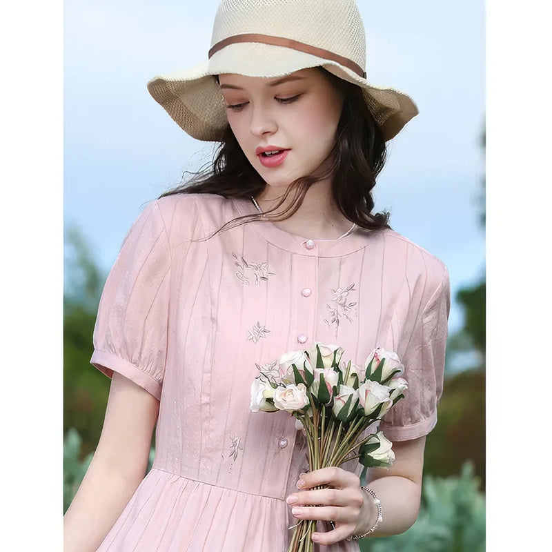summer pink embroidery dress, view 3 - MRSLM
