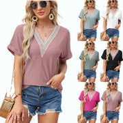 Women's solid color V-neck fold sleeve top, view 2 - MRSLM