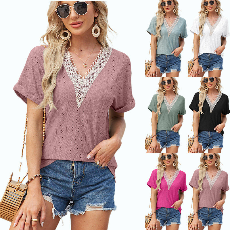 Women's solid color V-neck fold sleeve top, view 2 - MRSLM