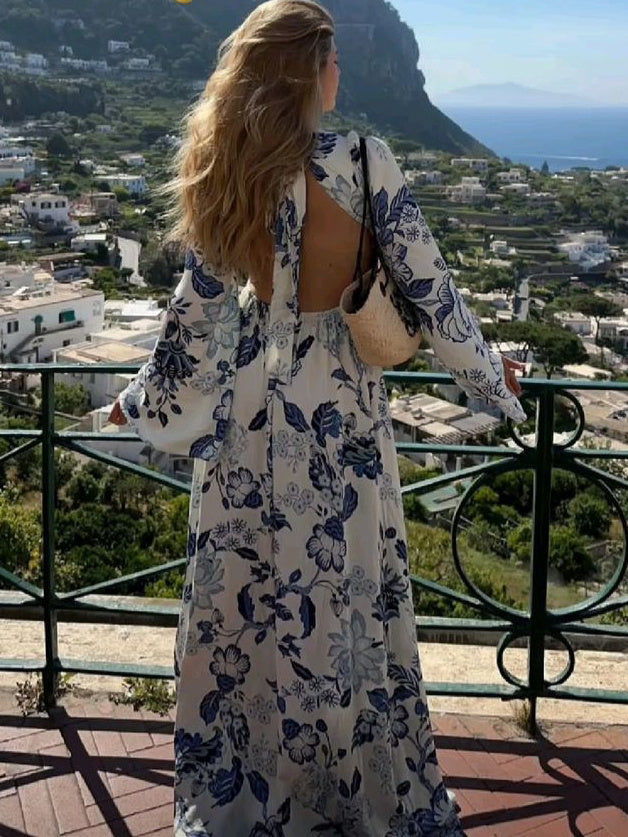 Printed long-sleeve backless maxi dress, view 5 - MRSLM