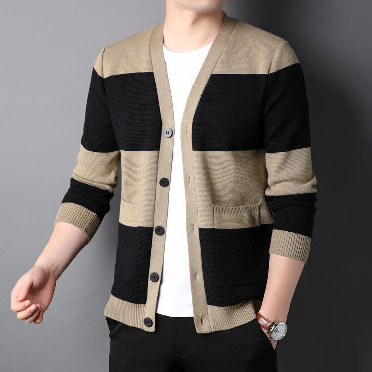 Spring And Autumn Men's Striped Cardigan Single-breasted Long Sleeve Color Matching Casual Sweater Coat