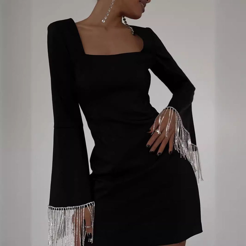 tassel back hollow bell sleeve dress - MRSLM