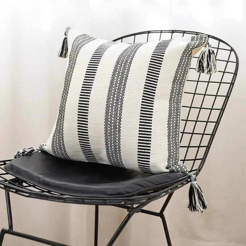 Black and white tassel cushion cover, view 4 - MRSLM