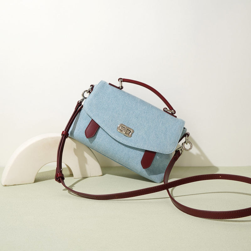 Denim and leather briefcase-style shoulder bag, view 3 - MRSLM