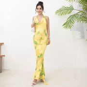 halter deep V printed long dress, view 3 - MRSLM