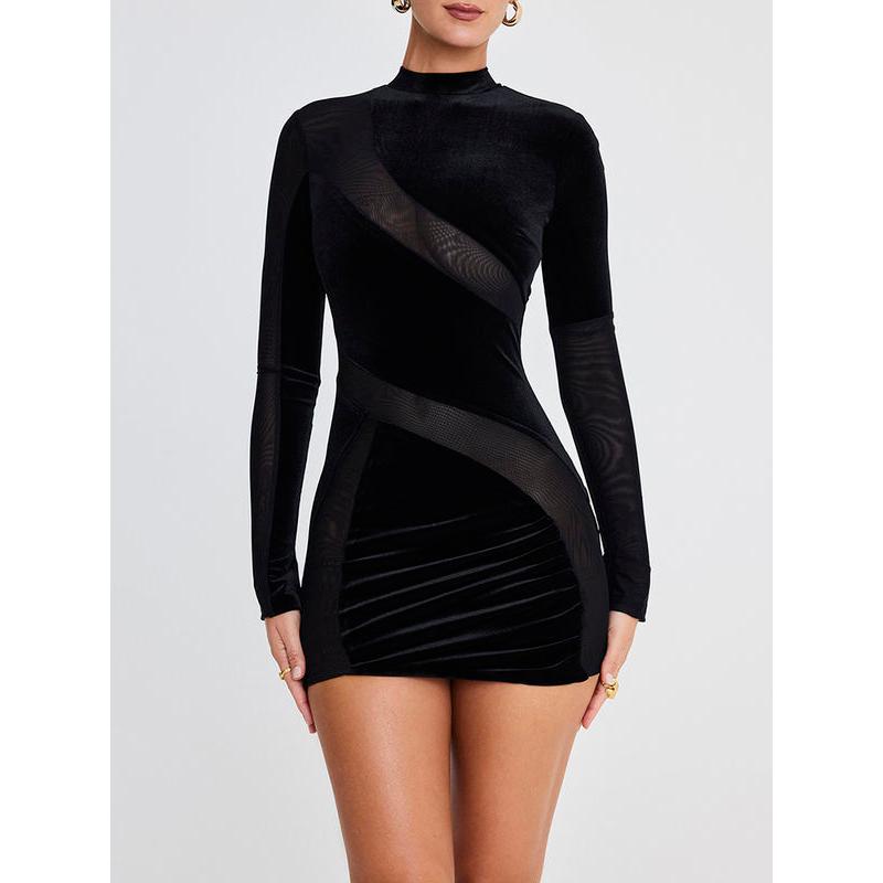 velvet long sleeve mini dress with mesh patchwork, view 5 - MRSLM