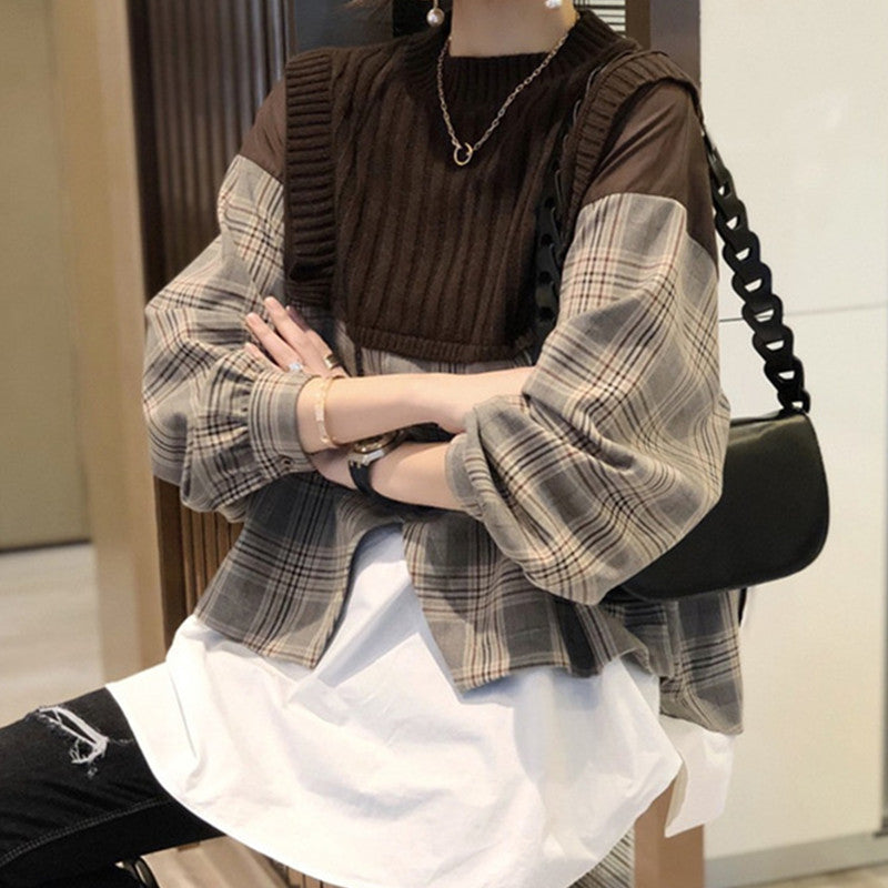 women's shirt splicing fake two-piece knitwear, view 7 - MRSLM
