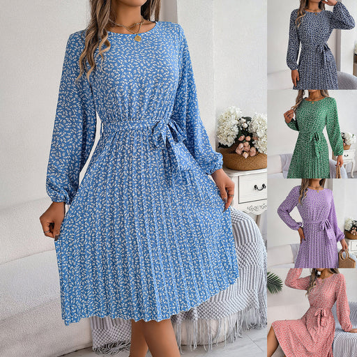 long-sleeved floral print pleated dress - MRSLM