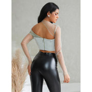 Sheer mesh sleeve strapless backless crop top, view 8 - MRSLM