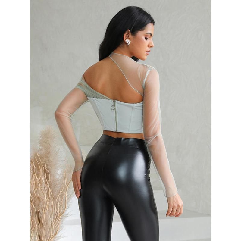Sheer mesh sleeve strapless backless crop top, view 8 - MRSLM