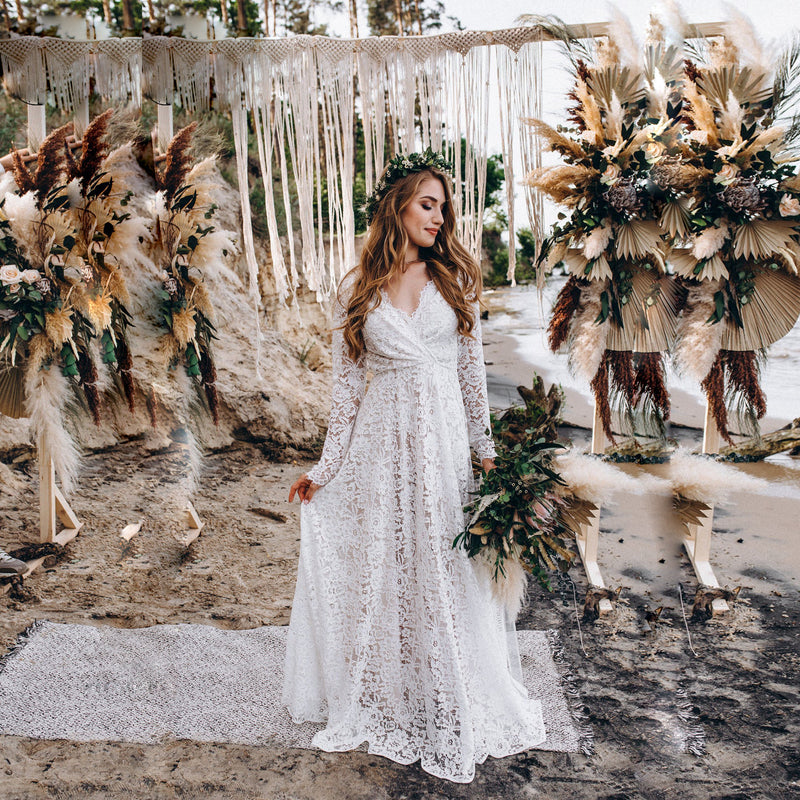 white lace deep V-neck long dress, view 4 - MRSLM