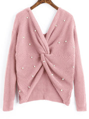 women's v-neck cross backless knit sweater, view 2 - MRSLM