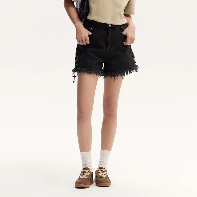 women's black rolled edge cotton shorts, view 6 - MRSLM