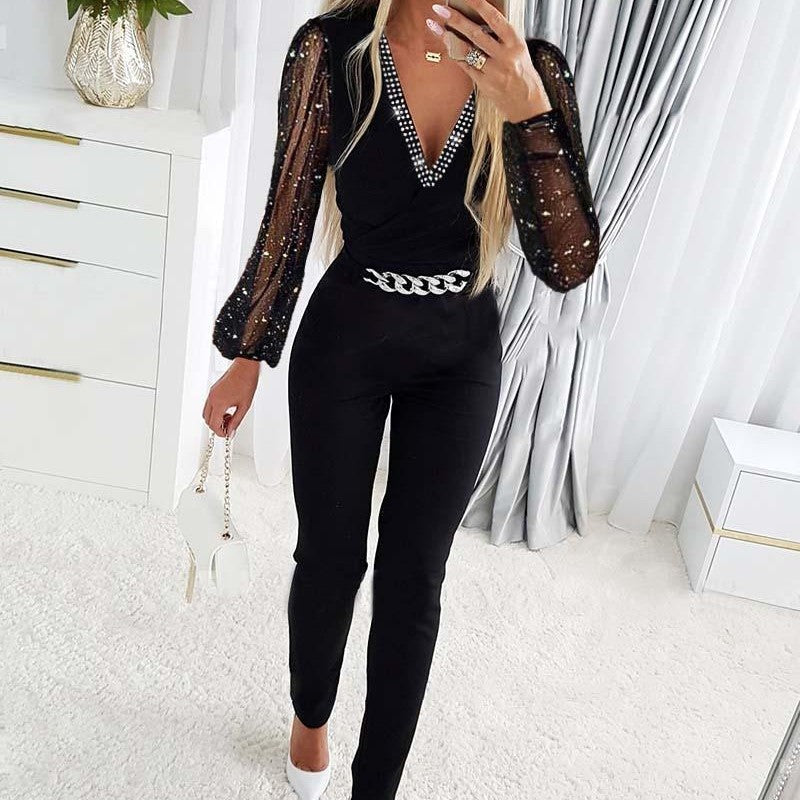 women's v-neck rhinestone mesh jumpsuit, view 5 - MRSLM