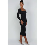 long sleeve ruched midi dress, view 6 - MRSLM