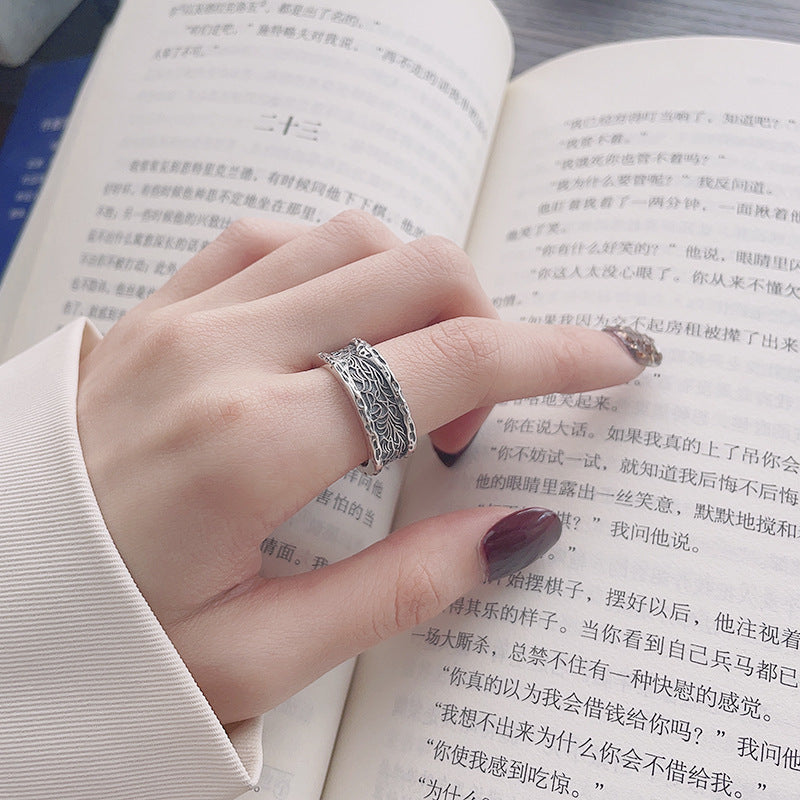sterling silver tang grass pattern wide ring, view 6 - MRSLM