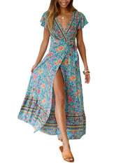 v-neck split bohemian print dress, view 7 - MRSLM
