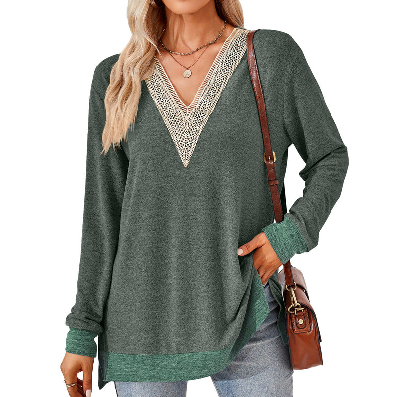 women's v-neck lace trim t-shirt, view 9 - MRSLM