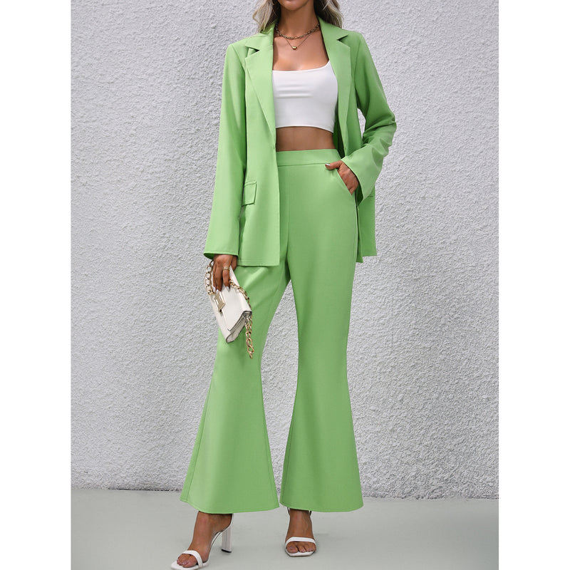 green bell sleeve suit top and bell-bottom pants set, view 6 - MRSLM