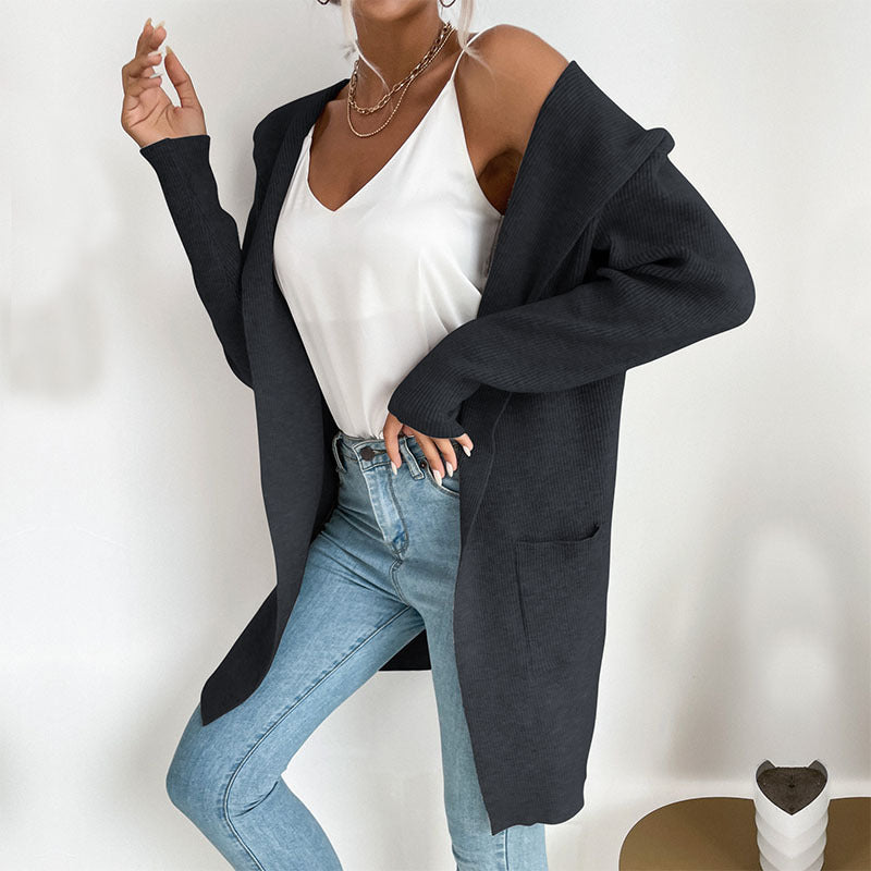 women's sunken stripe knit hooded cardigan, view 2 - MRSLM