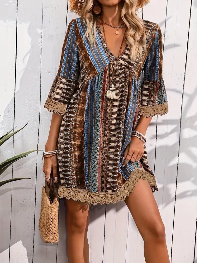 v-neck printed casual loose dress, view 8 - MRSLM