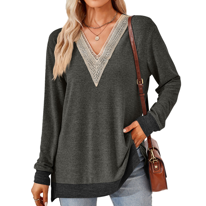 women's v-neck lace trim t-shirt, view 3 - MRSLM