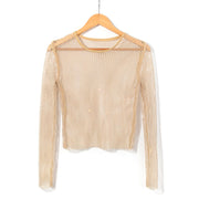 women's mesh rhinestone long sleeve top, view 4 - MRSLM