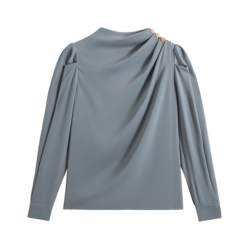 women's stand collar lantern sleeve shirt, view 4 - MRSLM