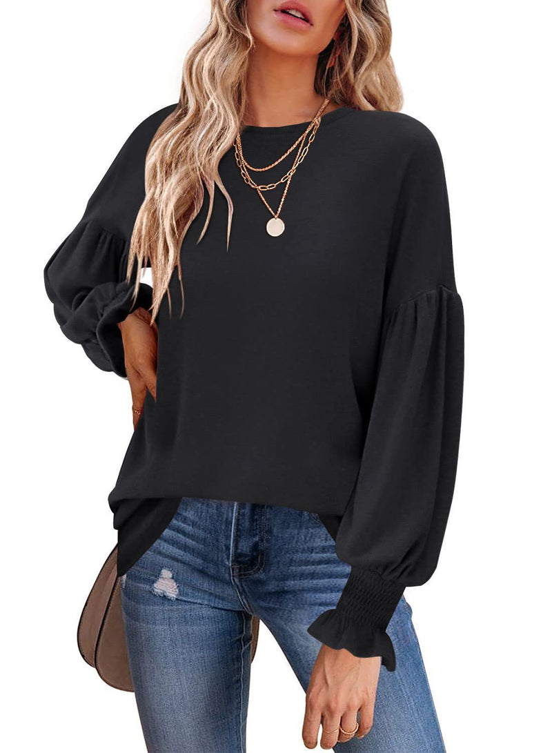 women's pleated lantern sleeve cotton top, view 2 - MRSLM