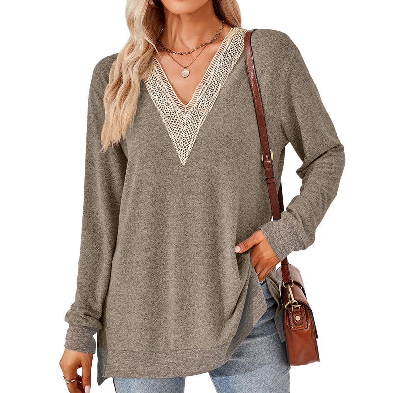 women's v-neck lace trim t-shirt, view 6 - MRSLM