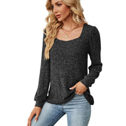 women's ribbed square collar long sleeve top, view 3 - MRSLM