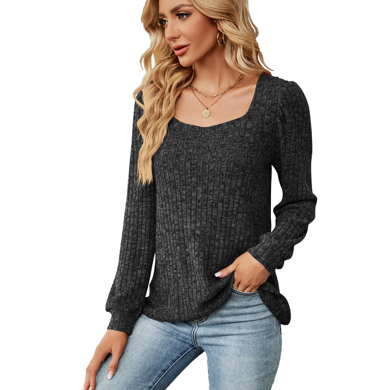 women's ribbed square collar long sleeve top, view 3 - MRSLM