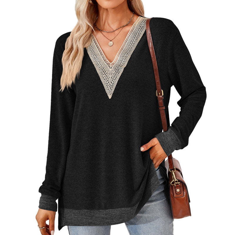 women's v-neck lace trim t-shirt, view 2 - MRSLM