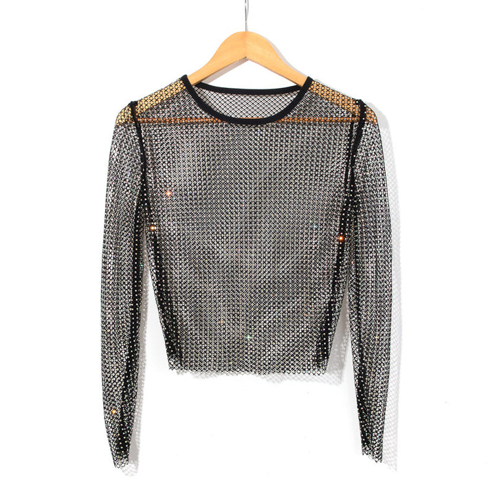 Women's Fashion Simple Solid Color Mesh Rhinestone Long Sleeve Top