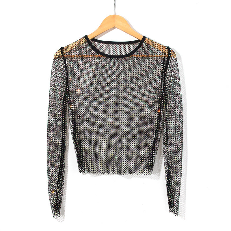 women's mesh rhinestone long sleeve top, view 7 - MRSLM