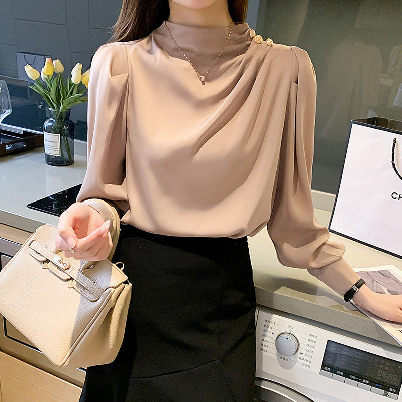 women's stand collar lantern sleeve shirt, view 6 - MRSLM